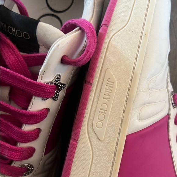 🛑 1 hour sale. Jimmy Choo, size 38 EU Hawaii Leather Strip Pink/ White Athletic - Picture 9 of 16